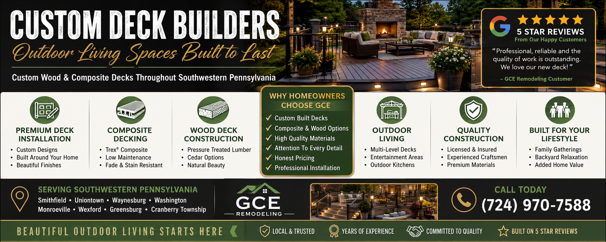 GCE Remodeling custom deck builders serving Washington, PA with custom wood and composite decks, 5 star reviews, call (724) 970-7588